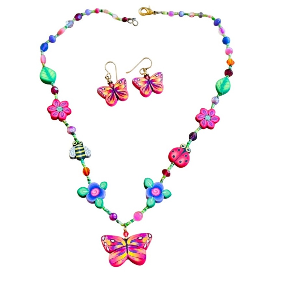 Butterfly Crystal Earrings Necklace Ladybug Bee Matching Set Colorful Beaded